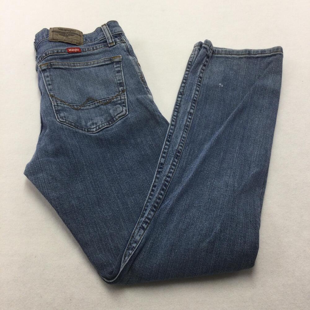 Wrangler Jeans Mens 29x30 Blue Wash Slim Straight Distressed Denim Stretch